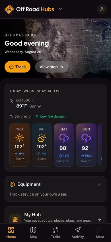 The Off Road Hubs app dashboard