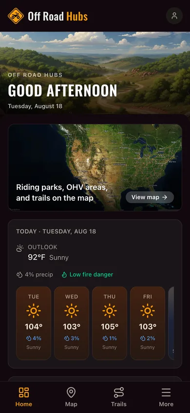 The Off Road Hubs app dashboard
