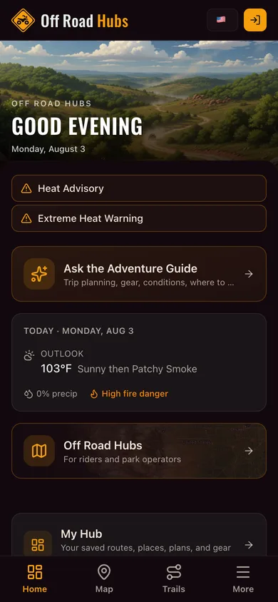 The Off Road Hubs app dashboard