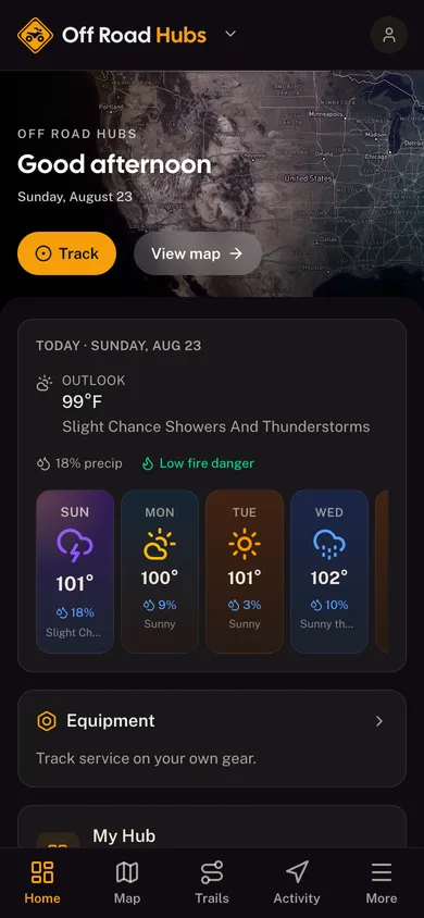 The Off Road Hubs app dashboard
