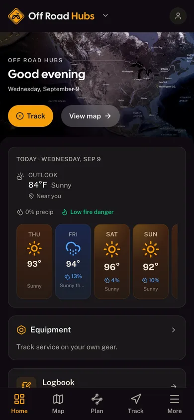 The Off Road Hubs app dashboard