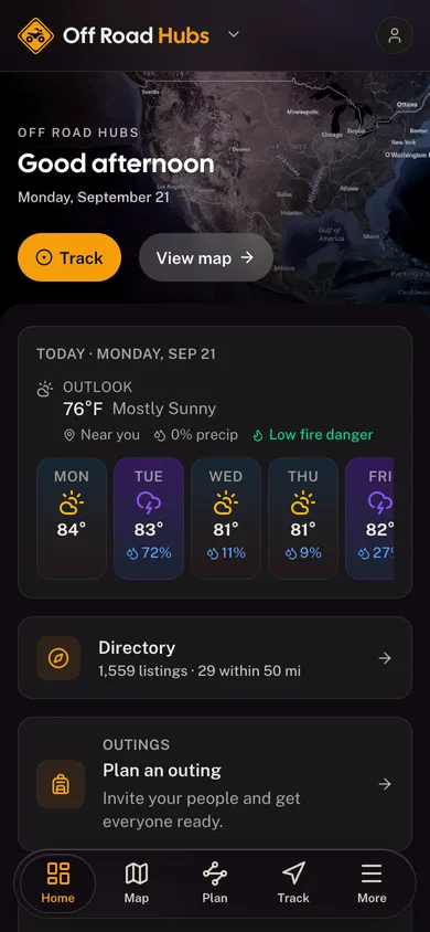The Off Road Hubs app dashboard