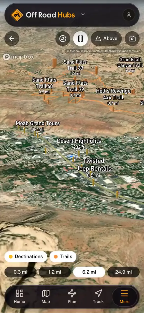 Nearby places standing on the real terrain in 3D in the Off Road Hubs app