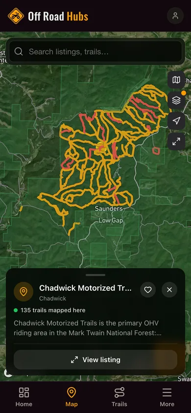 Nearby places mapped in the Off Road Hubs app