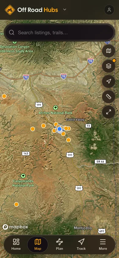 Nearby places mapped in the Off Road Hubs app
