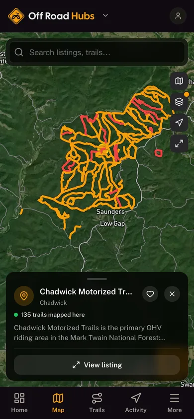 Nearby places mapped in the Off Road Hubs app
