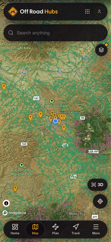 Nearby places mapped in the Off Road Hubs app