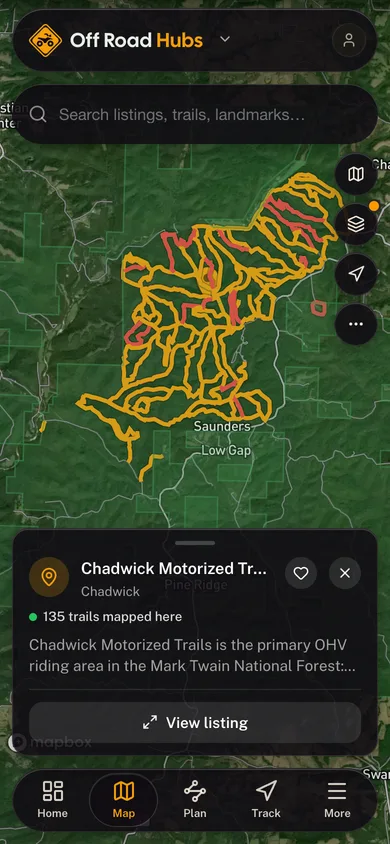 Nearby places mapped in the Off Road Hubs app