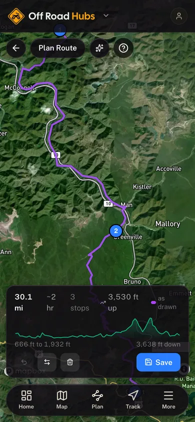 A planned route with its distance, stops and elevation profile in the Off Road Hubs app