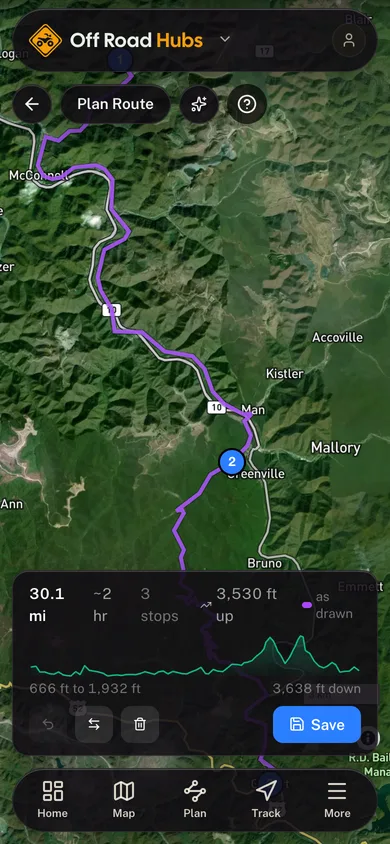 A planned route with its distance, stops and elevation profile in the Off Road Hubs app