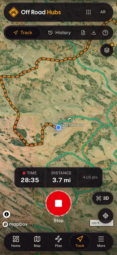 A trip being recorded live, with its line, time and distance in the Off Road Hubs app