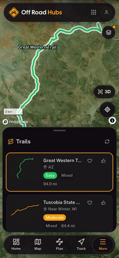 A named trail traced over satellite imagery in the Off Road Hubs app