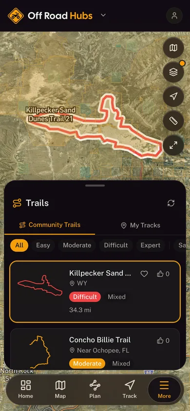 A named trail traced over satellite imagery in the Off Road Hubs app