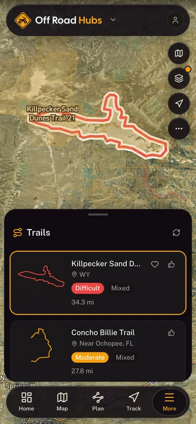 A named trail traced over satellite imagery in the Off Road Hubs app