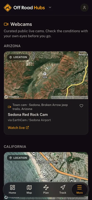 Live public webcams grouped by state in the Off Road Hubs app