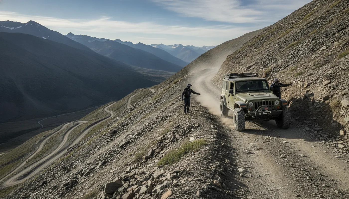 A built 4x4 negotiating a narrow alpine shelf road cut into a steep talus slope high above timberline, tight switchbacks dropping away below