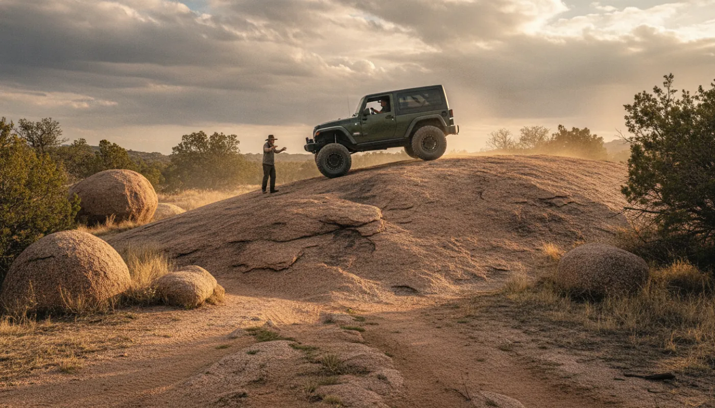 A built 4x4 flexing up a steep pink-granite dome under a big Texas sky, spotter guiding the driver between weathered boulders