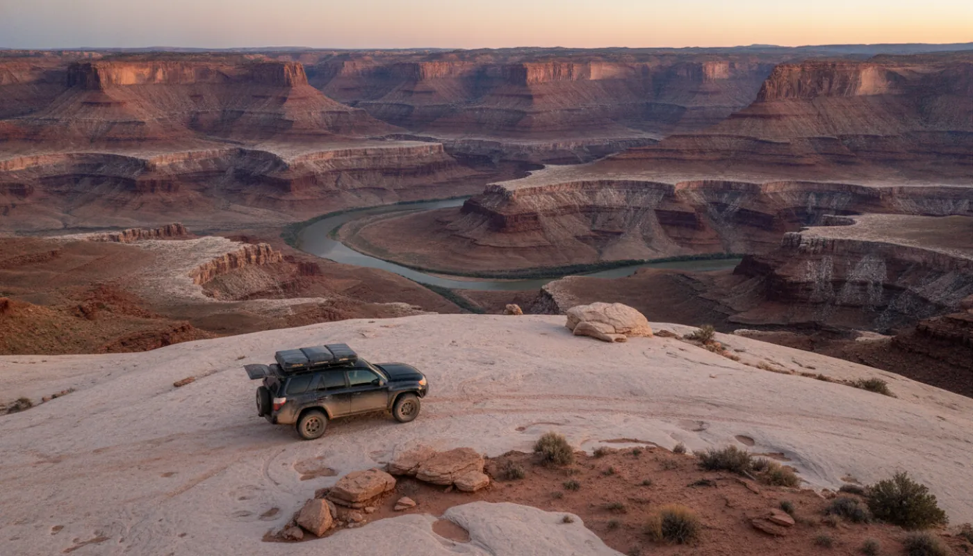 An overland-equipped mid-size SUV with a rooftop tent camped on a white sandstone bench above a vast red canyon at dusk, river glinting far below