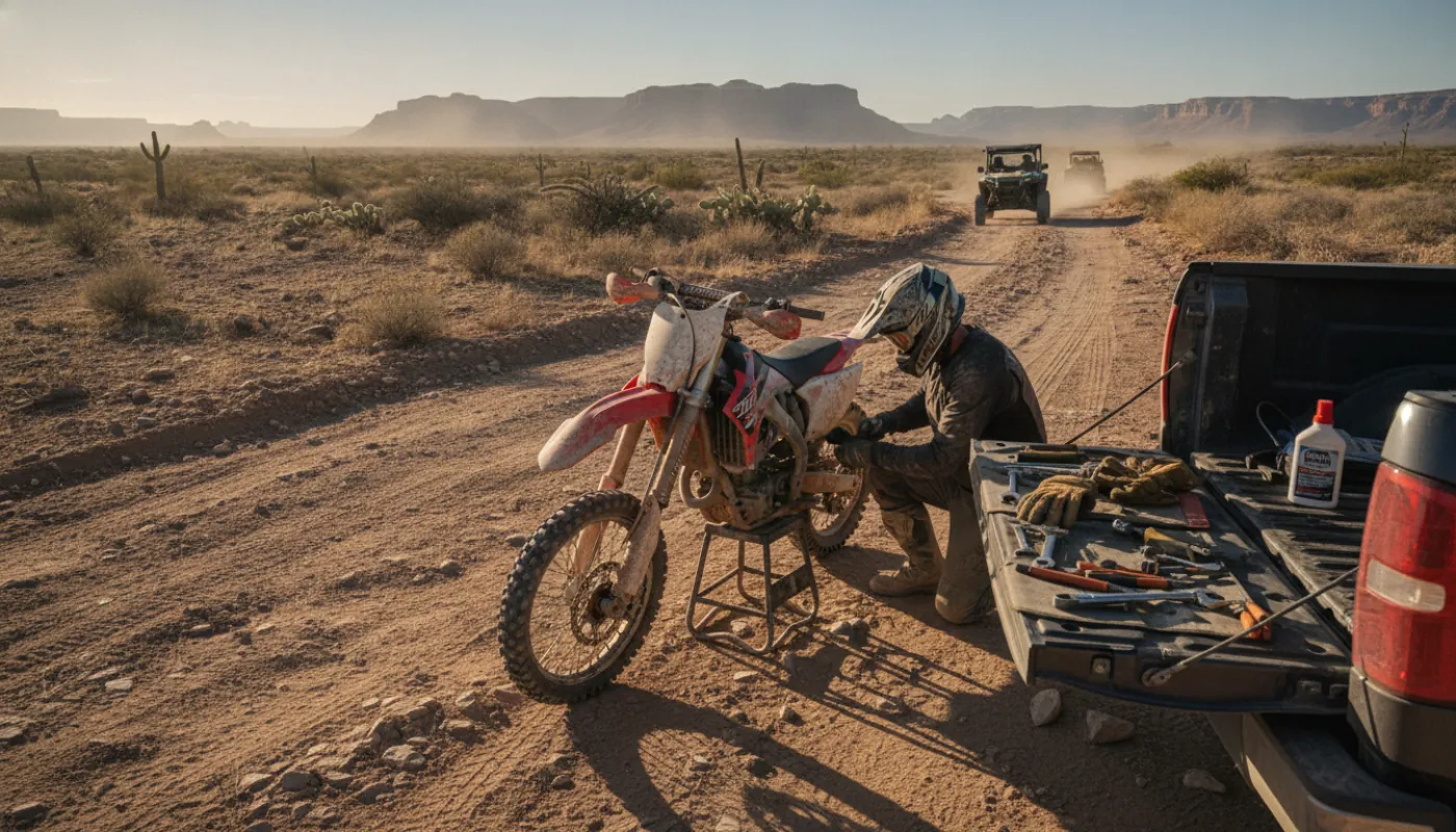 A dirt bike on a stand at a sunlit trailhead staging area, rider checking chain tension with gloves and tools laid out on the tailgate