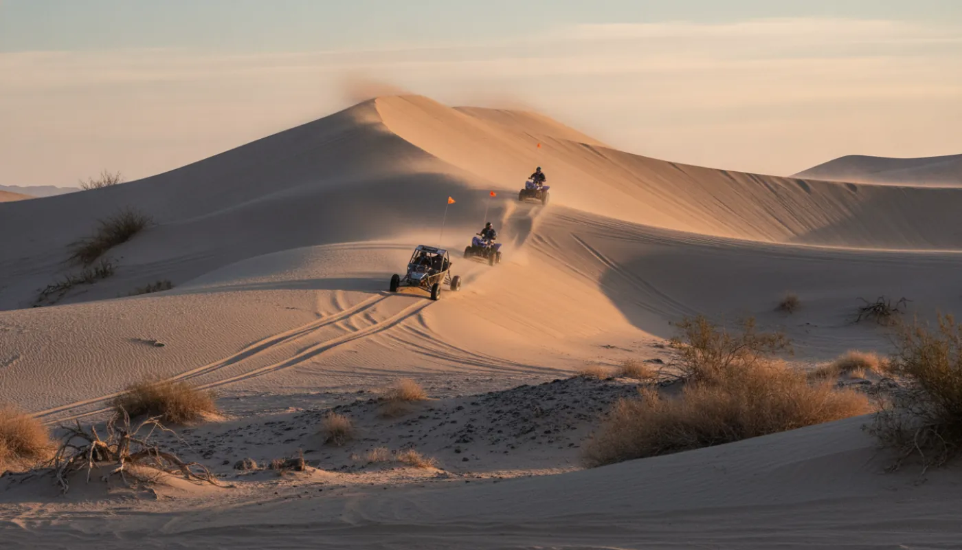 A sand rail and two ATVs with tall safety whip flags cresting a wind-sculpted dune ridge in low golden winter light, fine sand blowing off the crest