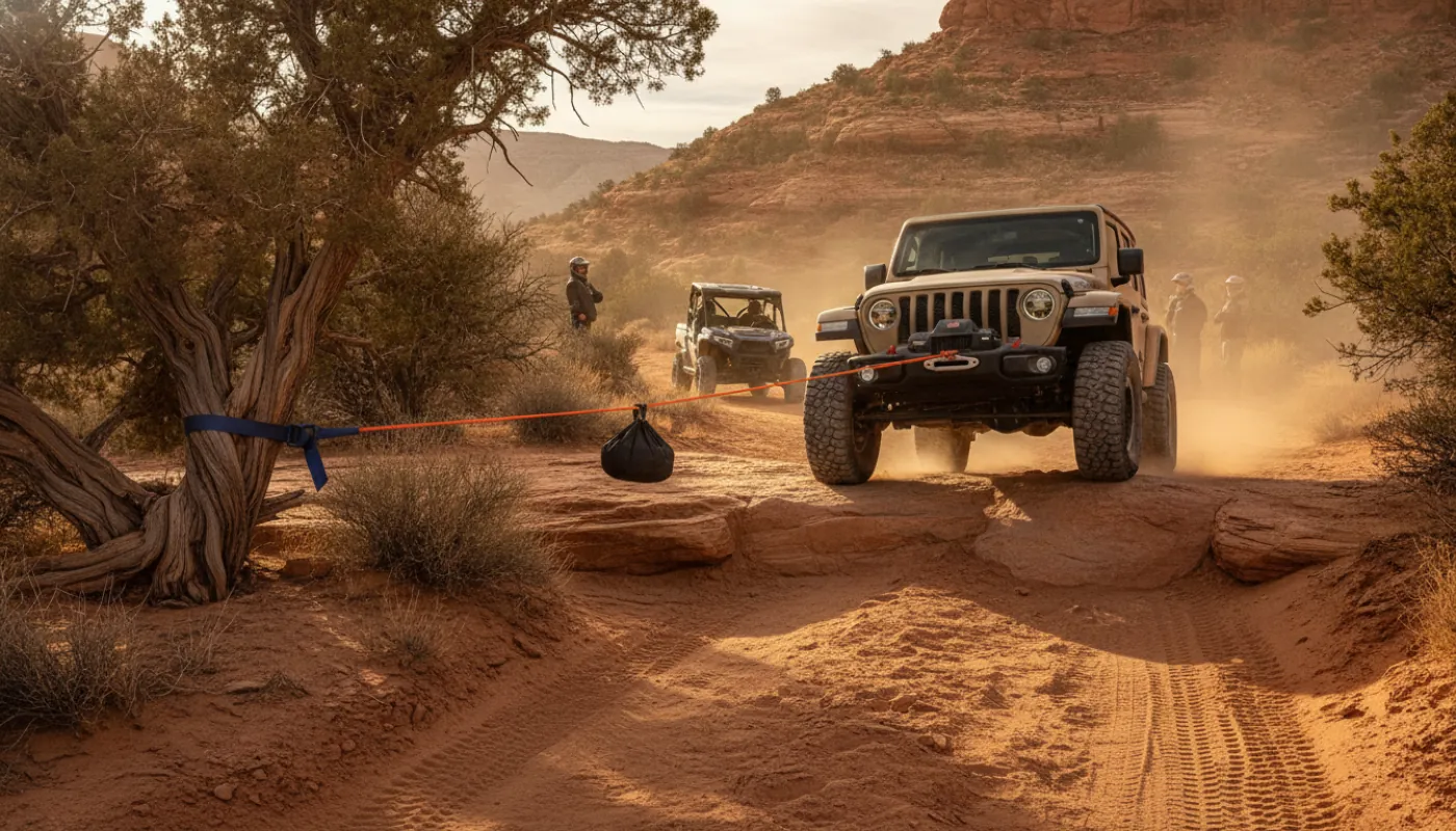 A Jeep Wrangler winching up a rocky ledge on a desert trail, synthetic line taut to a tree-protector anchor with a damper bag over the line