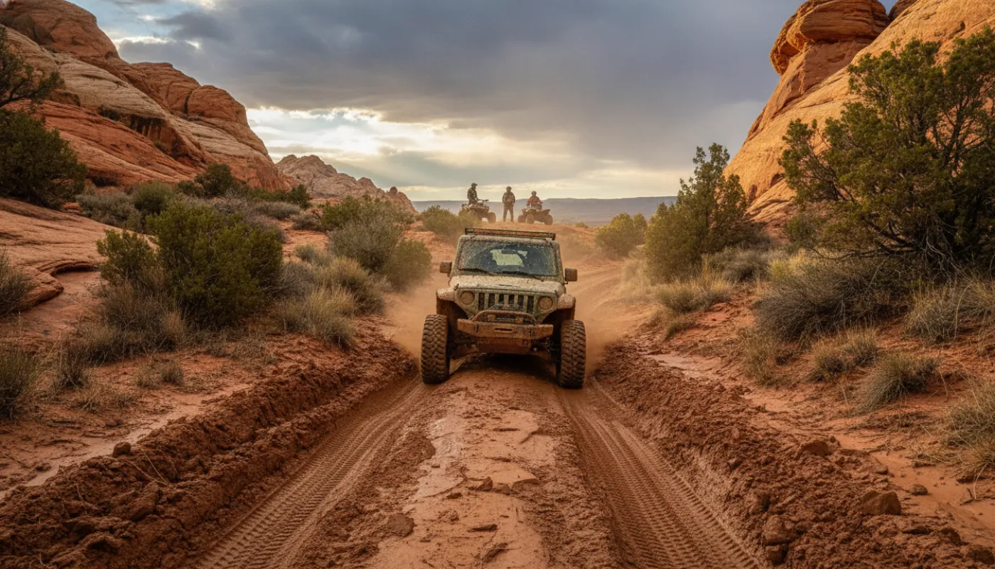A 4x4 with mud-caked tires easing across wet red clay between sandstone fins under a clearing spring storm sky in southern Utah