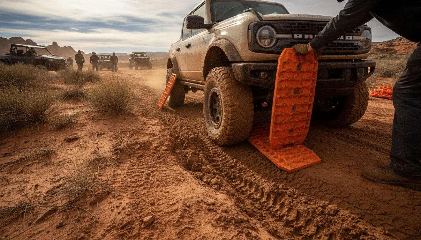 Bright recovery traction boards wedged under the front tires of a 4x4 stuck in deep rutted mud, driver's hands pressing the boards into place