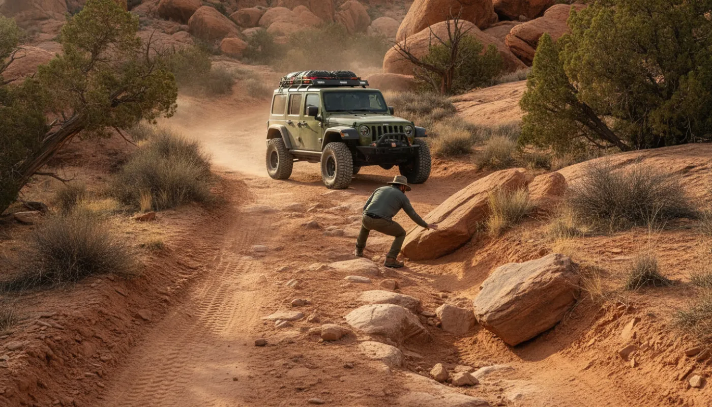 A rocky off-road trail climbing through a boulder garden, a driver walking the line ahead of a parked 4x4 to scout the obstacles