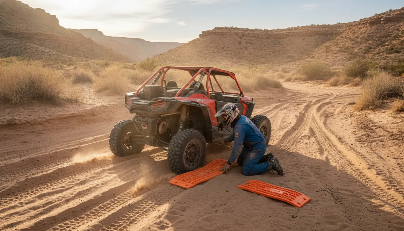 A sport side-by-side buried to the frame in a sandy wash while a rider kneels to stage traction boards under the rear tires, dust hanging in the air