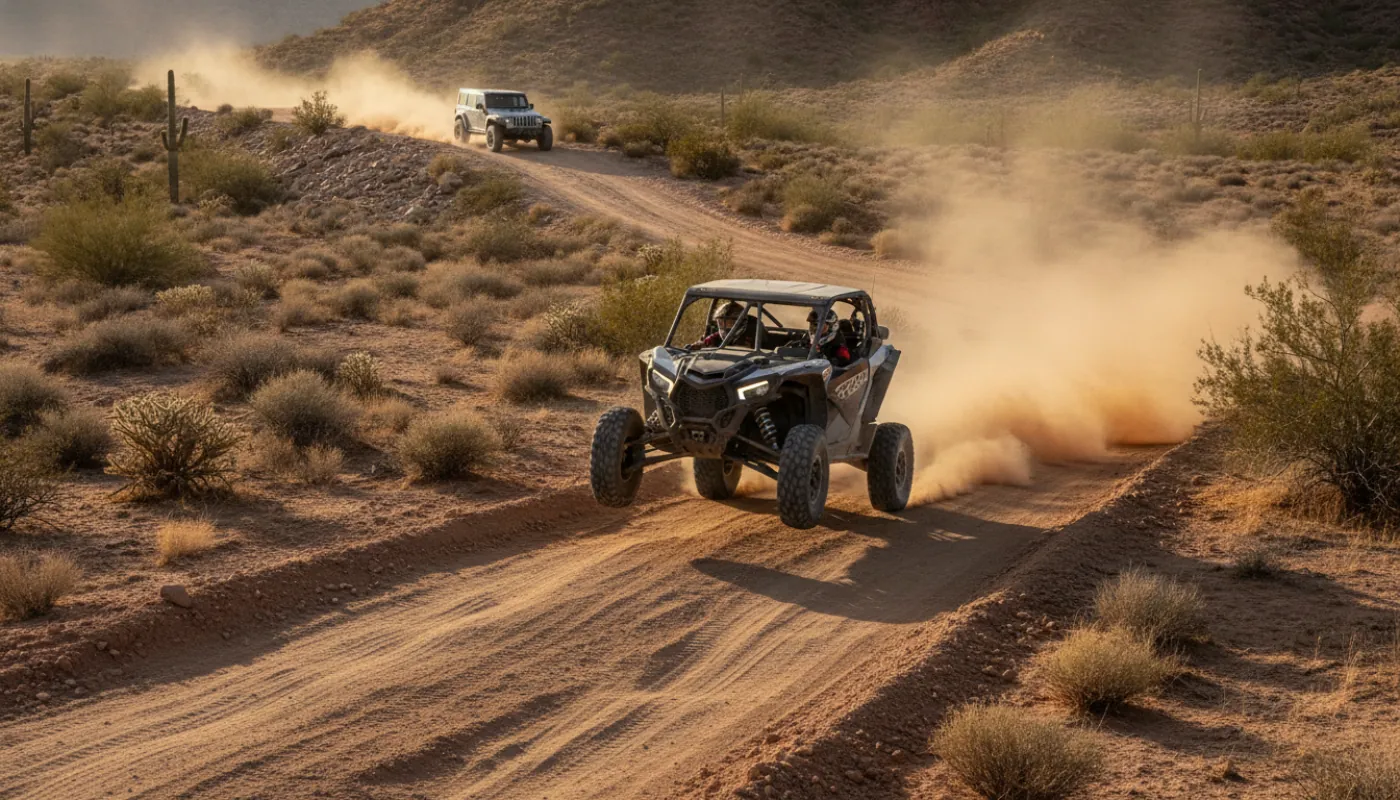 A sport side-by-side catching air over a desert whoop section at speed, roost flying, with a Jeep on a ridgeline trail in the background